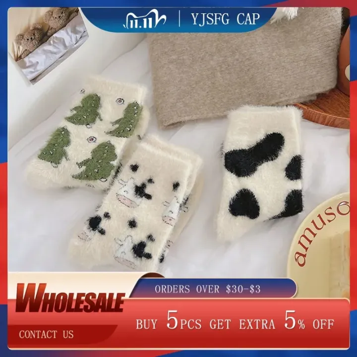 Cow Print Mink Plush Socks For Women Girl Winter Mid Tube Thickened Warm Funny Stockings Cute Animal PrintedHome Floor Socks