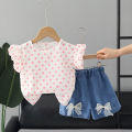 Yfashion 2pcs Summer Cotton Tops Suit For Girls Cotton Sweet Flying Sleeves Shirt Denim Shorts Set For Kids Aged 0-4. 