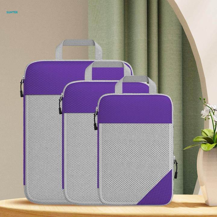 3Pcs Compression Packing Cubes Hand Strap Luggage Organizer Bags