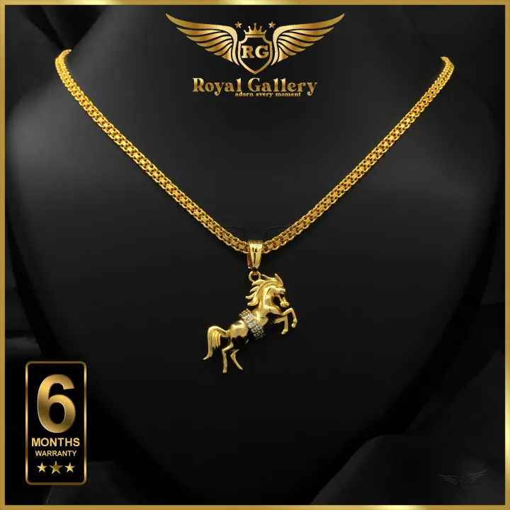 Gold Plated Bismark Chain with White Fixed Stone Horse Pendant