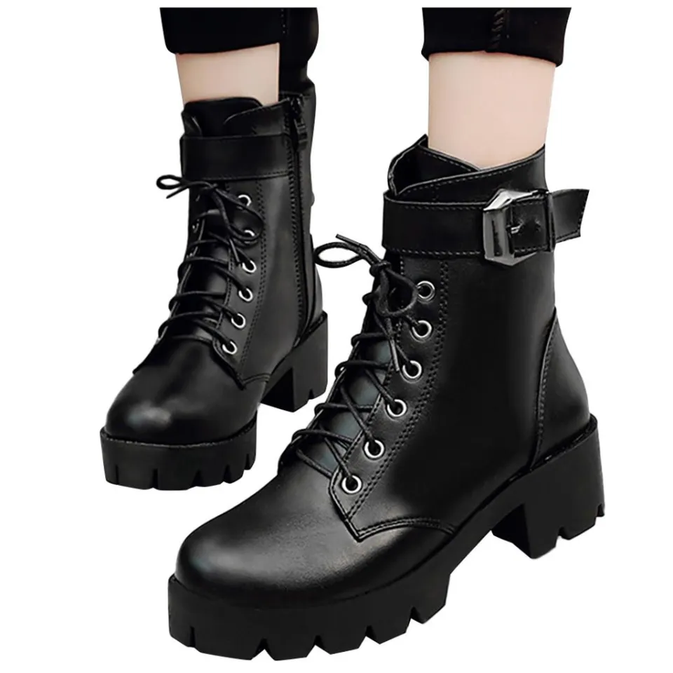 BestGO korean fashion boots for women ladies Women Fashion Leisure Lace Up Zipper Chunky Square Heels Short Boots Shoes Daraz.lk