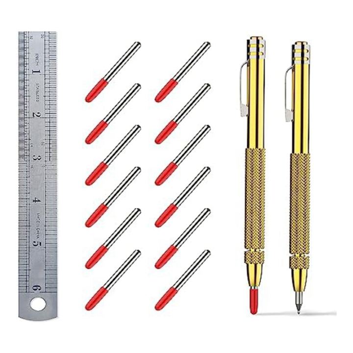 2 Pack Tungsten Carbide Scriber With Magnet,With Extra 12 Replacement Parts Accessories Marking Tip And 6-Inch Ruler,For Metal Sheet.