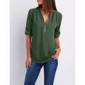 Yfashion Women Chiffon Shirt Solid Color Long Sleeve V-neck Front Zipper Pullover Top Plus Size Loose T-shirt color. 