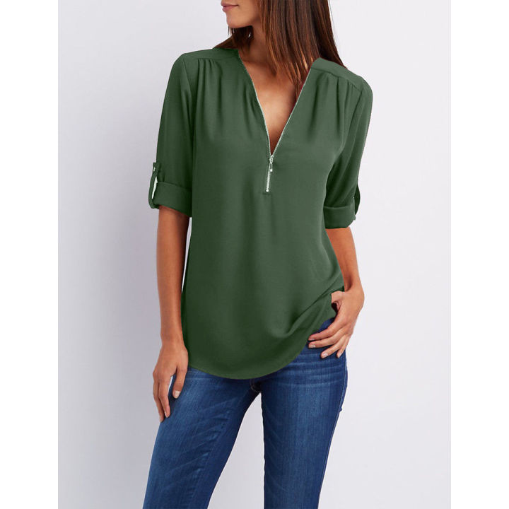 Yfashion%20Women%20Chiffon%20Shirt%20Solid%20Color%20Long%20Sleeve%20V-neck%20Front%20Zipper%20Pullover%20Top%20Plus%20Size%20Loose%20T-shirt%20color%20-%20Image%208