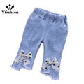 Yfashion Toddlers Girls Cotton Jeans Children Denim Cropped Pants Elastic Belt Summer Outerwear Loose Cropped Pants Clothing. 