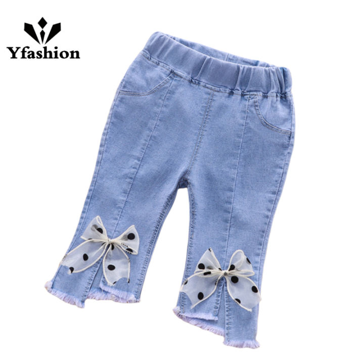 Yfashion Toddlers Girls Cotton Jeans Children Denim Cropped Pants Elastic Belt Summer Outerwear Loose Cropped Pants Clothing