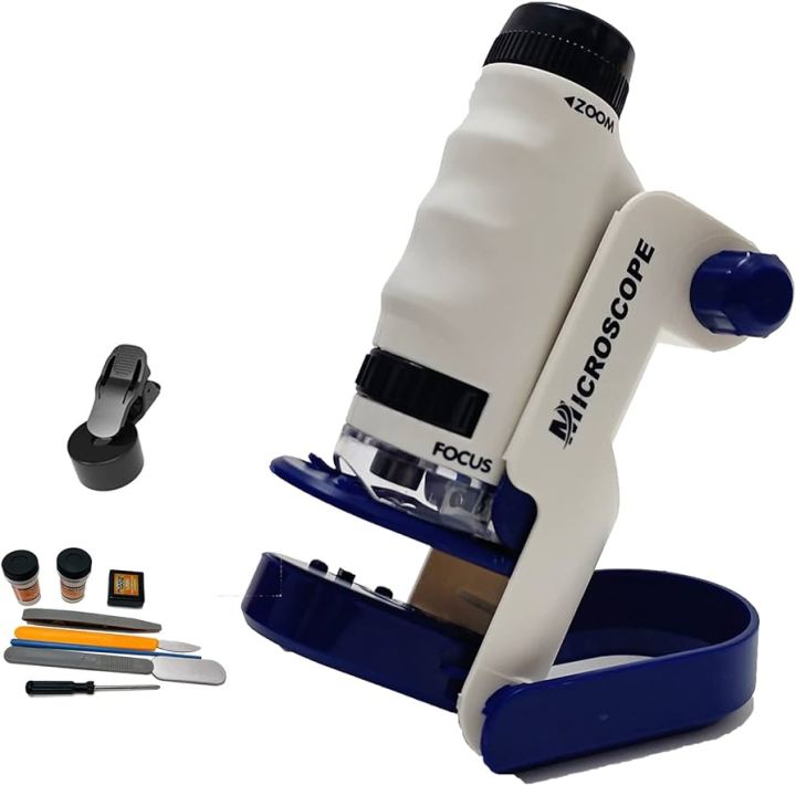 Pocket Microscope with LED Light,Stem Kids Portable Microscope 60x-120x, Handheld Mini Microscope FMC Lens System Slide Base Smartphone Digi scoping Clip for Education Exploring Gift