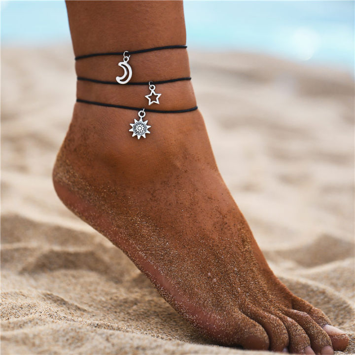 【The Timber Loft】IF ME Bohemian Multilayers Anklets For Women Girl Vintage Silver Color Moon Sun Beach Pendant Ankle Bracelet on Leg Foot Jewelry