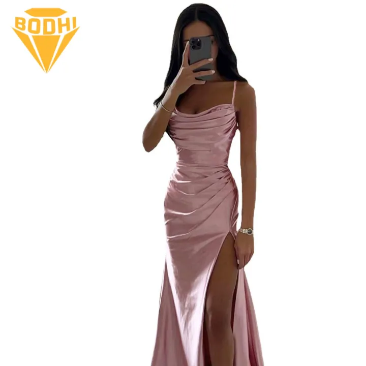Women Pleated Satin Gown Elegant V Neck Satin Evening Dress with High Split Perfect for Prom Parties Lightweight Fabric Gown