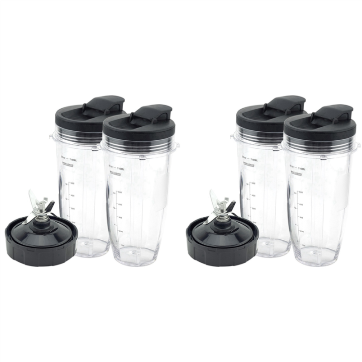 Blender Replacement Parts for Ninja, 4 24Oz Cups with To-Go Lids, 7 Fins Extractor Blade, for Nutri Ninja Auto IQ