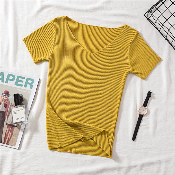 Rings%20Diary%20Women%20Soft%20Rib%20Knit%20Tees%20Summer%20Knitting%20V%20Neck%20Short%20Sleeve%20Slim%20Fit%20Basic%20Tshirts%20Retro%20Basic%20Going%20Out%20Cute%20Tops%20-%20Image%204