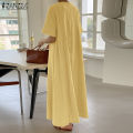 【WEJA】Korean Style Women's Dresses Casual Short Sleeve V-Neck Loose Pleated A-Line Midi Sundress #8. 