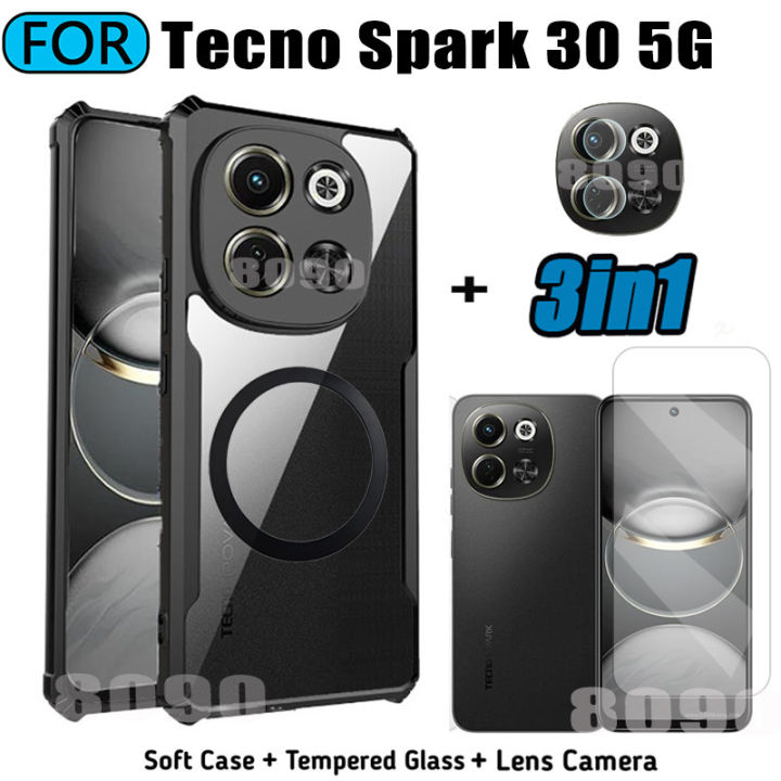 3 in 1 Tecno Spark 30 5G Acrylic Phone Case For Tecno Spark 30C 30 Pro Casing With Magnetic Wireless Charging Sticker +Full Coverage Tempered Glass Screen Protector
