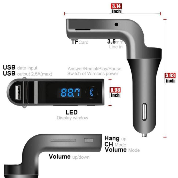 CARG7 Bluetooth Car Charger T Flash USB Direct Connect FM TRANSMITTER / MODULATOR, MP3 Player Digital Display Hands Free Calling Kit Bluetooth answer, hang up, reject, and redial calls and other functions