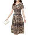 Yfashion Women Cotton V-neck Dress Summer Ice Silk Short Sleeves A-line Skirt Large Size Loose Casual Dress. 