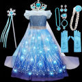 Disney Light up Fancy Elsa Costume 2024 Birthday Party Clothing Frozen Cosplay Snow Queen Dress with LED Kid Halloween Frock. 