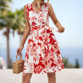 Yfashion Women Floral Dress Sleeveless V Neck High Waist A Line Dress Flowy Swing Shift Dresses With Belt. 
