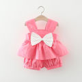 Terno Outfits For Kids Girl Summer Bow Solid Color Suspender Top And Shorts Set Dress For Kids Girls Baby Girl Cute Korean Cotton Beach Two Piece Set(0-3 Years Old). 
