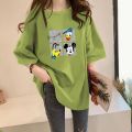 Pure Cotton 2024 Spring and Summer New Korean Style Loose All-Matching Printed T T-shirt Top Casual Short Sleeve Hong Kong Style Women's Fashion. 