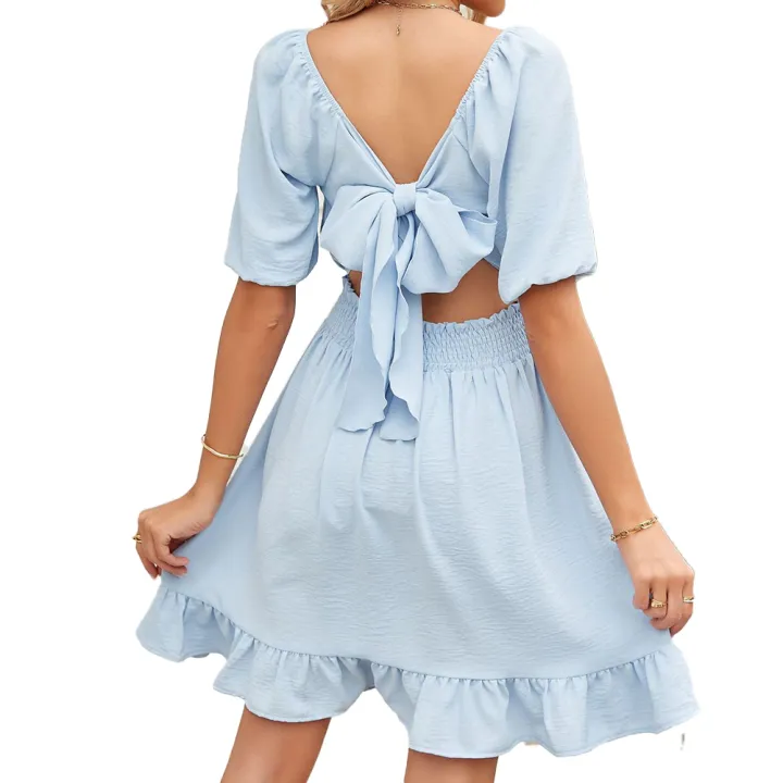 Yfashion%20100%25%20Polyester%20Summer%20New%20Solid%20Color%20Square%20Neck%20Short%20Sleeve%20Loose%20Open%20Back%20Tie%20Dress%20-%20Image%208