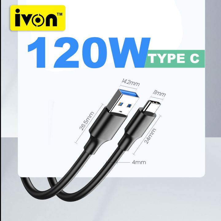 IVON 120W Super Fast Charging Type-C Bold Data Cable - 6A Ultra High Speed USB-C Charger Cord - 1M Durable Thickened Wire - For Xiaomi, Huawei, Samsung, OPPO, VIVO