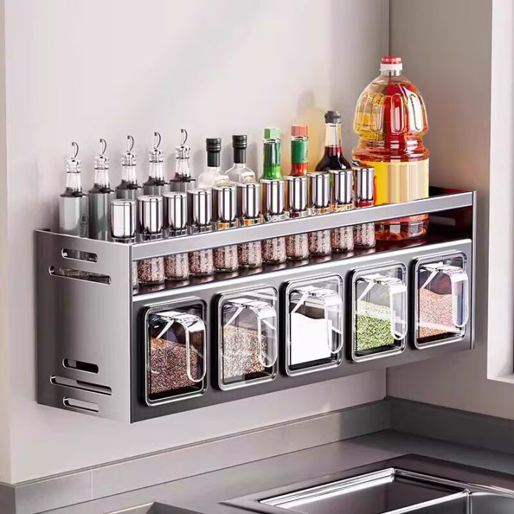 Stainless Steel Kitchen Spice Rack Wall-Mounted Multi-Functional Spice ...