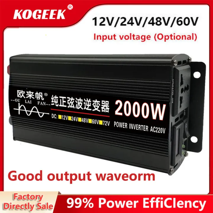KOGEEK 2000W Pure Sine Waveform Universal Inverter DC 12V 24V 48V 60V to 220V LCD Screen Inverter