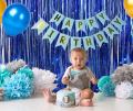 48 Balloons Decoration Kit, Blue Metallic Fringe Curtains 2,Happy Birthday Banner (5ft) with HD Metallic Balloons(45 pcs)(15 Blue, 15 White & 15 Golden). 
