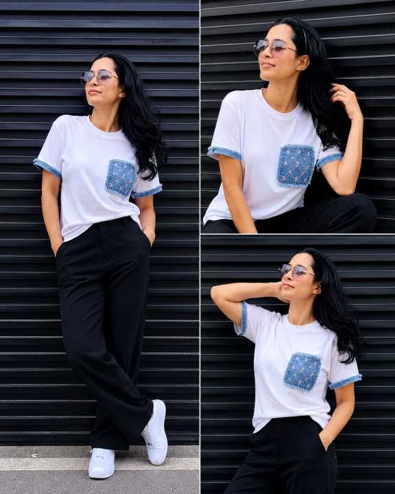 Denim%20Patchwork%20Pocket%20Denim%20Fabric%20Short%20Sleeve%20Round%20Neck%20Casual%20Top%20for%20Summer%20Spring%20Women's%20Clothing%20-%20Image%204