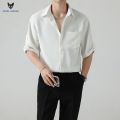 ACHS AWAKE Short-Sleeved Shirt Men's Spring and Summer Ruoshuai High-Grade Korean Style Trendy Casual Ice Silk 3/4 Sleeve Shirt. 
