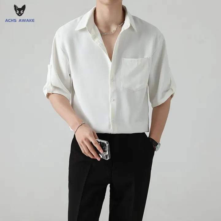 ACHS%20AWAKE%20Short-Sleeved%20Shirt%20Men's%20Spring%20and%20Summer%20Ruoshuai%20High-Grade%20Korean%20Style%20Trendy%20Casual%20Ice%20Silk%203/4%20Sleeve%20Shirt%20-%20Image%207