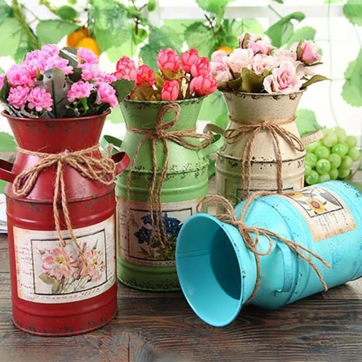 Home Vintage Rural Bucket Decoration Shabby Craft Iron Table Pots Garden Plants Flower