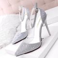 2023New Korean Style Rhinestone Pointed Toe Bridal Wedding Shoes Silver Girl High Heel Sandals All-Matching Ankle-Strap Buckle Shoes. 