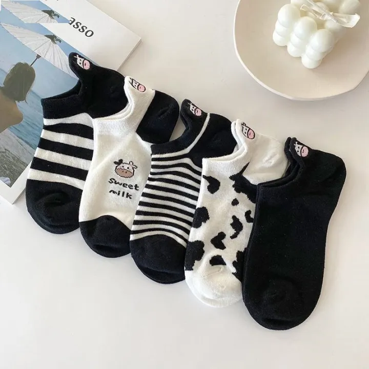 Cow Print Women Socks Breatahble Cotton Solid Color Ankle Socks Spring Autumn Casual Lady Short Random 1Pairs