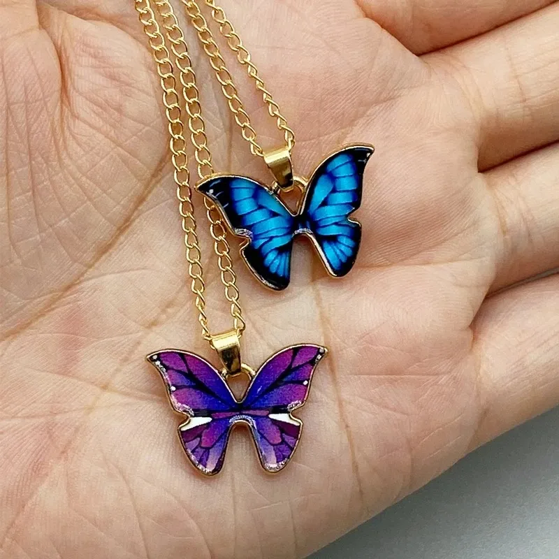 Fashion Blue Butterfly Necklace For Women Korean Vintage Metal