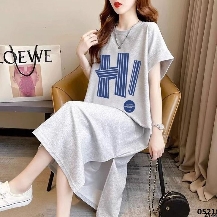 Women's T-shirt dress size fat and normal knee extra large loose summer new  pure cotton MM dress over-stylish long skirt short-sleeved T | Daraz.lk