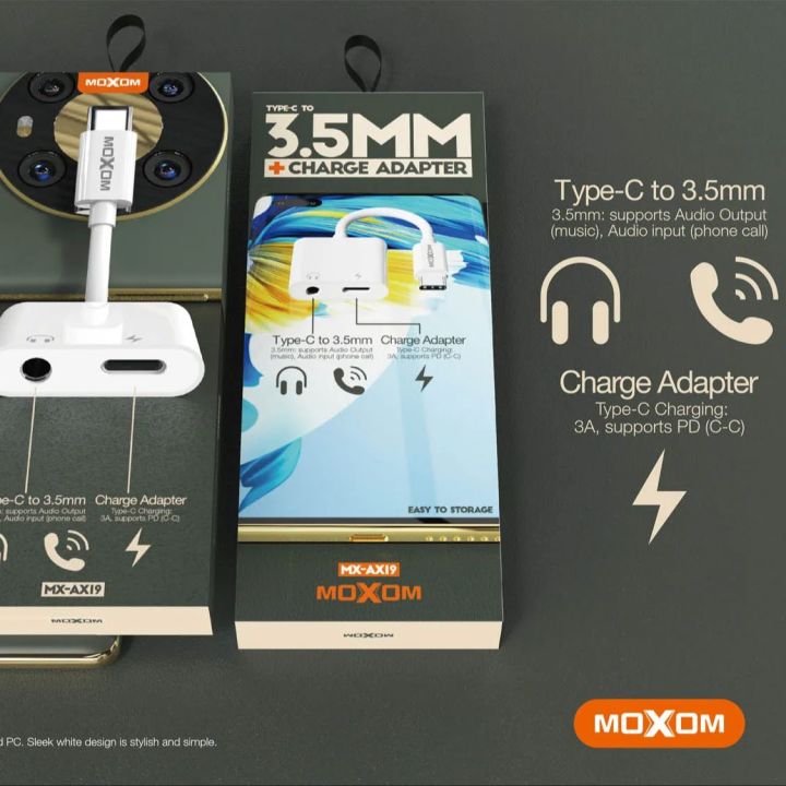 Moxom MX-AX19 Type-C to 3.5mm + 3A Charge Adapter PD Fast Charging Bridge Audio + Charging Cable Jack Adapter AUX Cable Audio