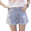Shorts for Women Summer 2024 New Korean Style Loose All-Match Student High Waist Wide Leg Curling Hole Denim chic Hot Pants. 