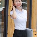 Thin Blue and White Short Sleeve Summer Slim Fit Business Workwear Shirt Women's White Shirt Work Clothes Slimming Elegant Formal Clothes Women. 