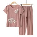 Grandma's Clothes Summer Wear Suit Printed Women's Short-Sleeved Cotton and Linen Loose Summer Clothes for the Elderly Two-Piece Set. 