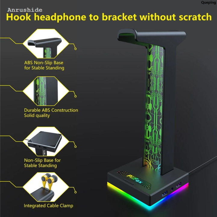 QuepingPortable%20RGB%20Gaming%20Headphone%20Stand%2010%20Lighting%20Effects%20Dual%20USB%20Port%203.5mm%20Fashion%20Audio%20Port%20Desktop%20Gaming%20Headset%20Holder%20Hanger%20for%20Gamer%20PC%20-%20Image%204