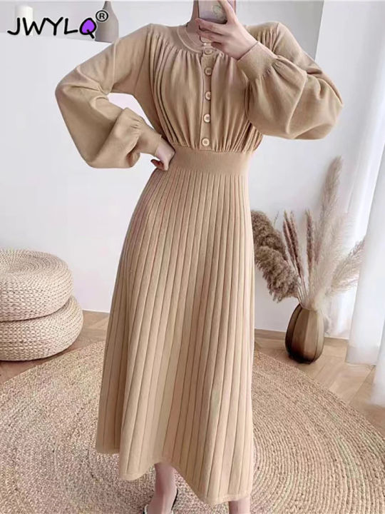Long Sleeve Plain Dresses For Juniors Korean Fashion O-neck Button Slim Knitted Dress Solid Color