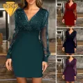 Flattering Figure Dress V Neck Mesh Patchwork Evening Dress for Party Prom Women Dress. 