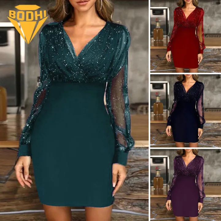 Flattering Figure Dress V Neck Mesh Patchwork Evening Dress for Party Prom Women Dress