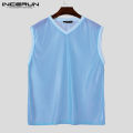 Solid color breathable summer mesh vest men's INCERUN transparent V-neck sleeveless vest beachwear. 