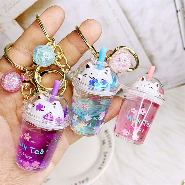 Fashion Key Ring Cute Mini Cartoon Cat Milk Tea Bottle Keychain Car ...