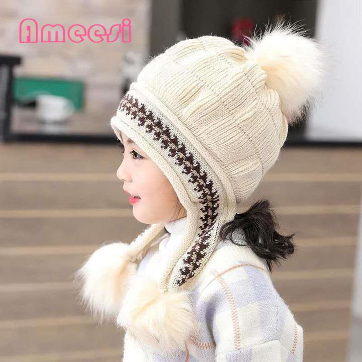 Kids Beanie Hat with Faux Fur Balls Cozy Winter Kids Beanie Hat with Three Pompoms Warm Ear Protection for Boys Girls 2-7t Trendy Knitted Hat for Children Baby Accessories Babies Fleece-lined Hat