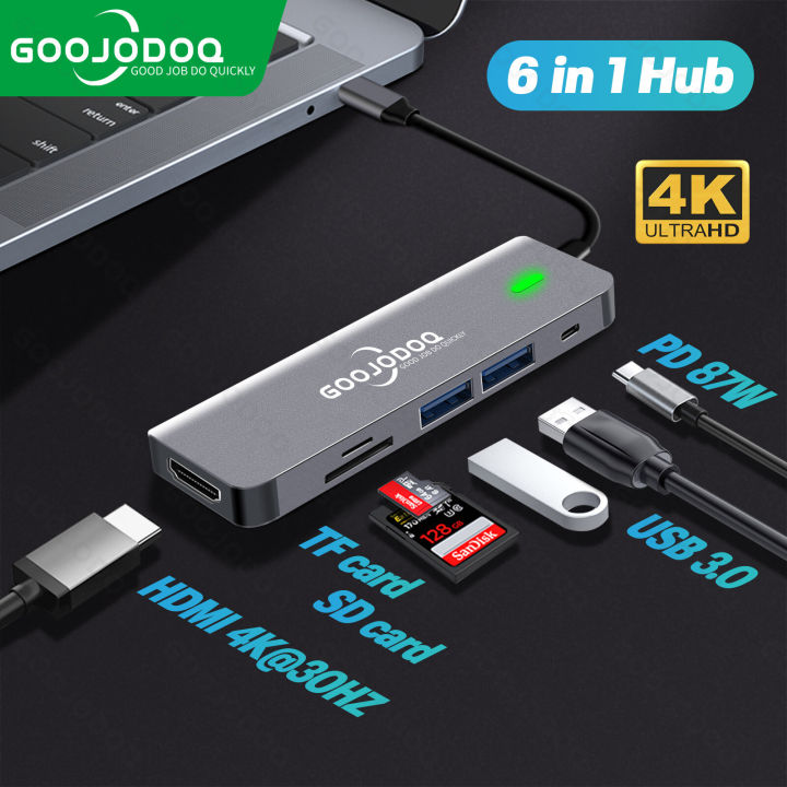 GOOJODOQ USB HUB HDMI USB Type C 6-In-1 Hub 6 Ports PD 87W Charging 2 Ports USB 3.0 4K HD TF Card SD Card Micro Card Reader High Speed Adapter Type C 3.0 Splitter USB C HUB for MacBook Pro