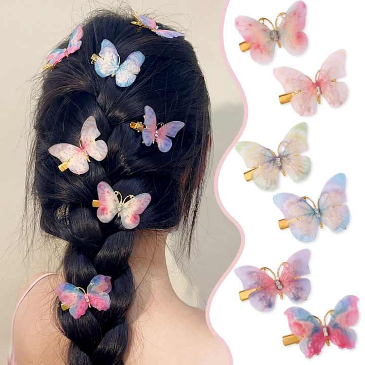2Pcs 3D Butterfly Hair Clips Rhinestone Gradient Color Hairpin Girl's Moving Wings Hairpin Hair Accessories
