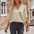 Yfashion Women V-neck Shirt Casual Long Sleeves Loose Tops Simple Solid Color Pullover Tops For Date Party Beach. 